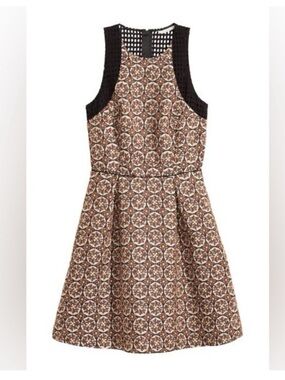 H&M Brown Floral Jacquard-weave Sleeveless Racerback Zip Back Pleated Mini Dress